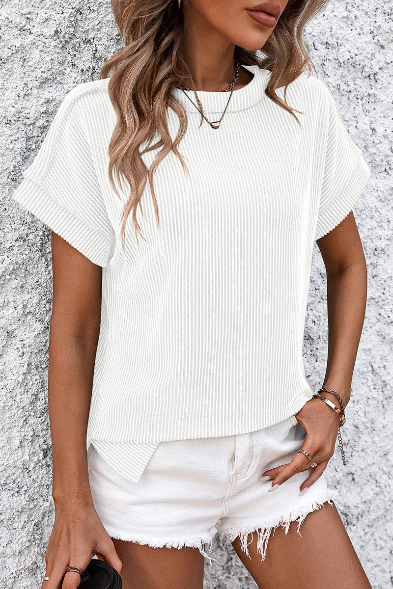 Soli Echo - Casual Short Sleeve Ribbed T-Shirt: KHAKI / XL