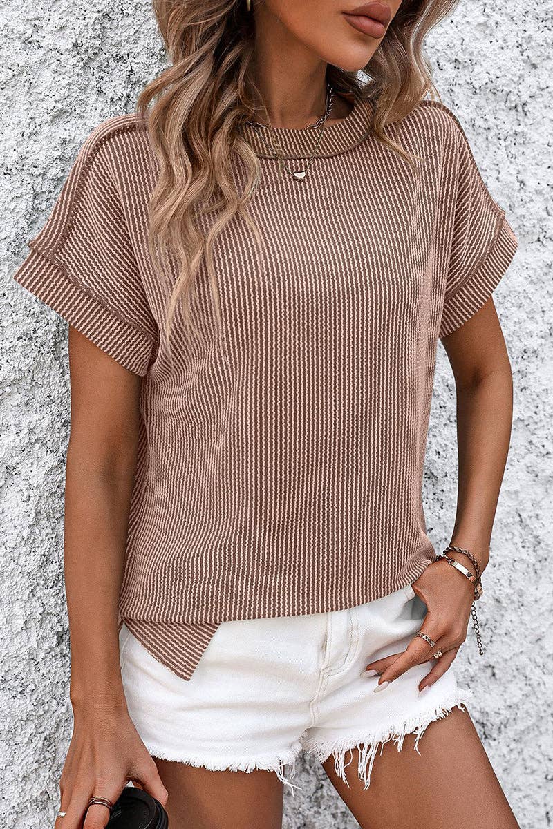 Soli Echo - Casual Short Sleeve Ribbed T-Shirt: KHAKI / XL