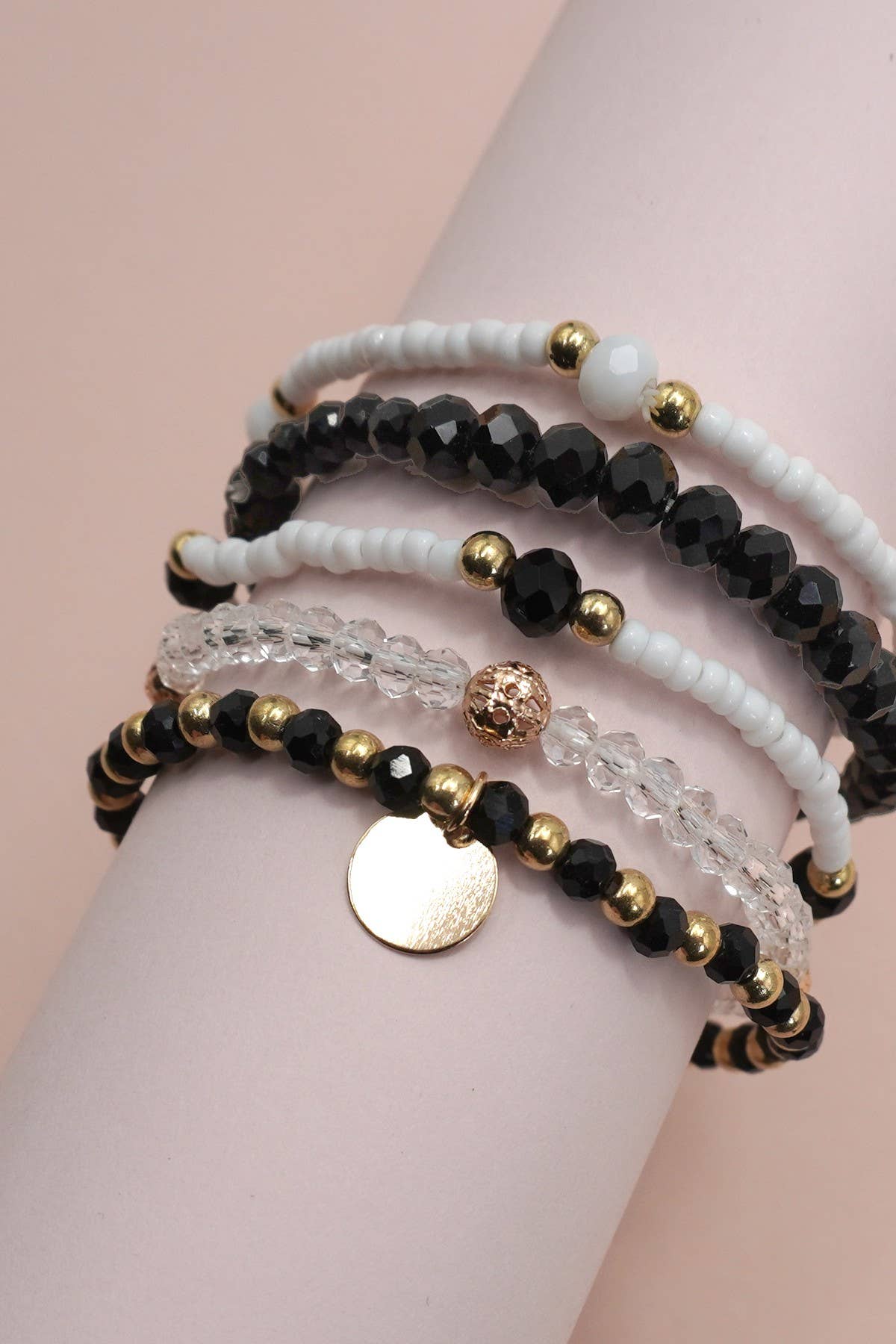 JOSSLYN by wall to wall - MULTILAYER BEADED CHAIN DISC CHARM BRACELET | 40B5160: LT PINK