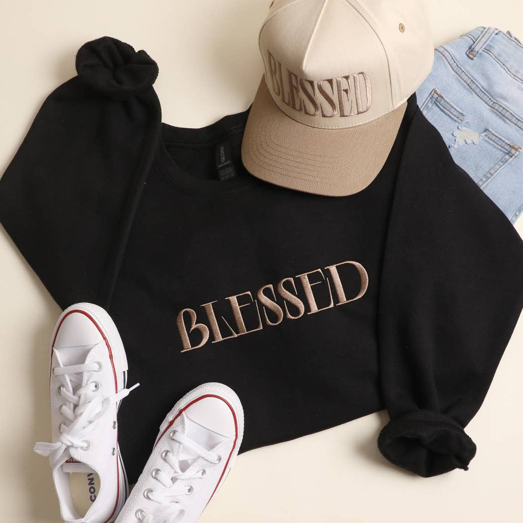 Fashion City - BLESSED Embroidered Fleece Heavyweight Sweatshirt: BLACK / M