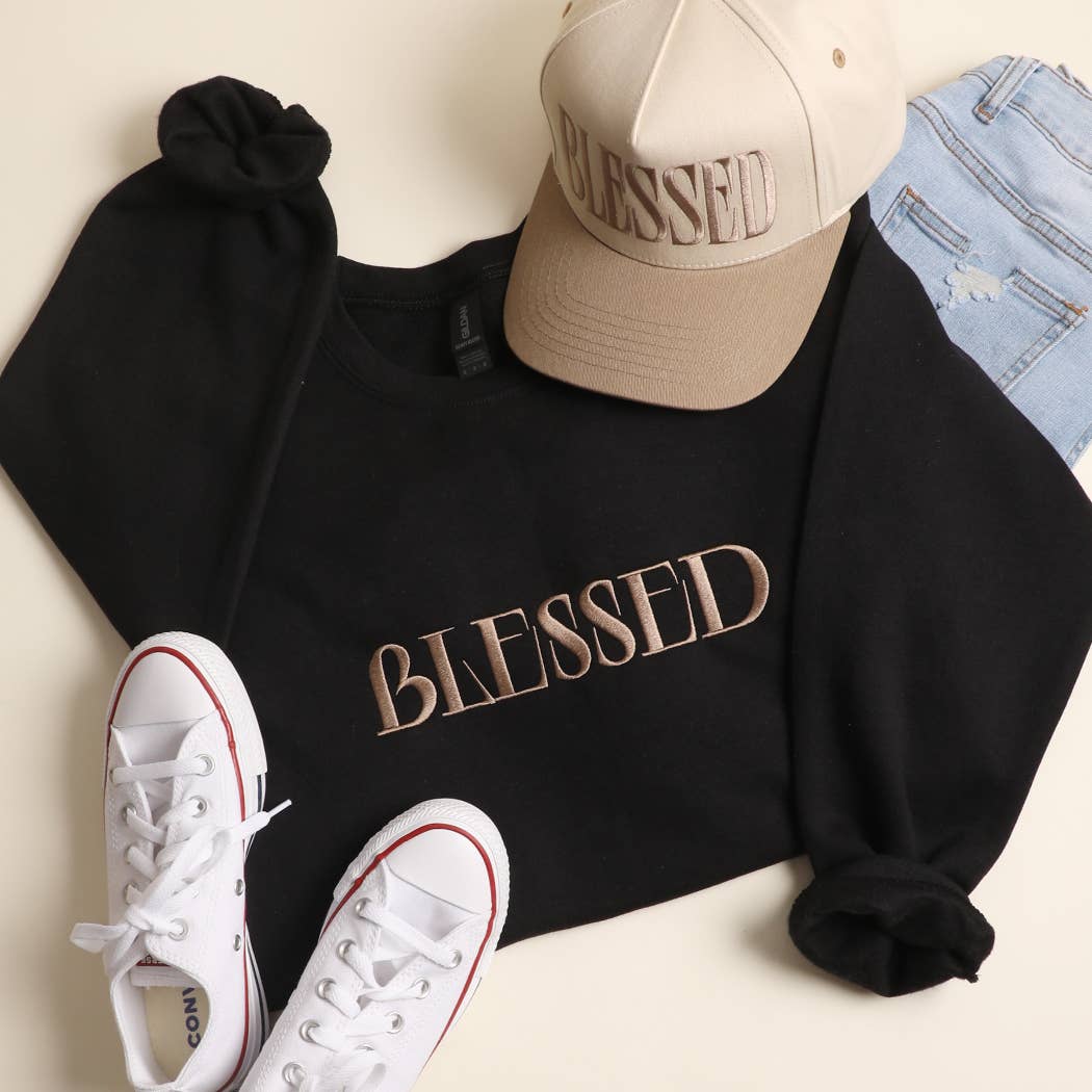 Fashion City - BLESSED Embroidered Fleece Heavyweight Sweatshirt: BLACK / M