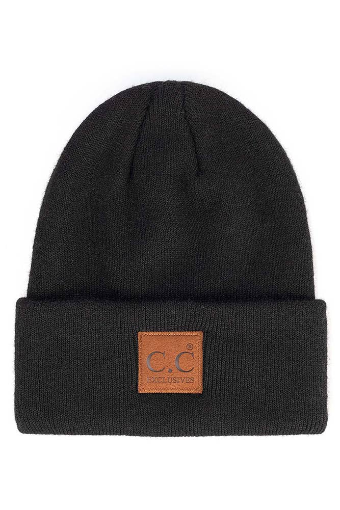 Hana - C.C Heather Knit Suede Patch Beanie Winter Hat: Beige