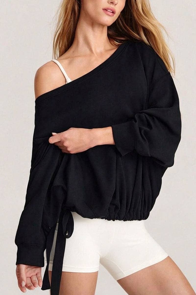 Soli Echo - One-Shoulder Ruched Tie Side Sweatshirt: OLIVE / S
