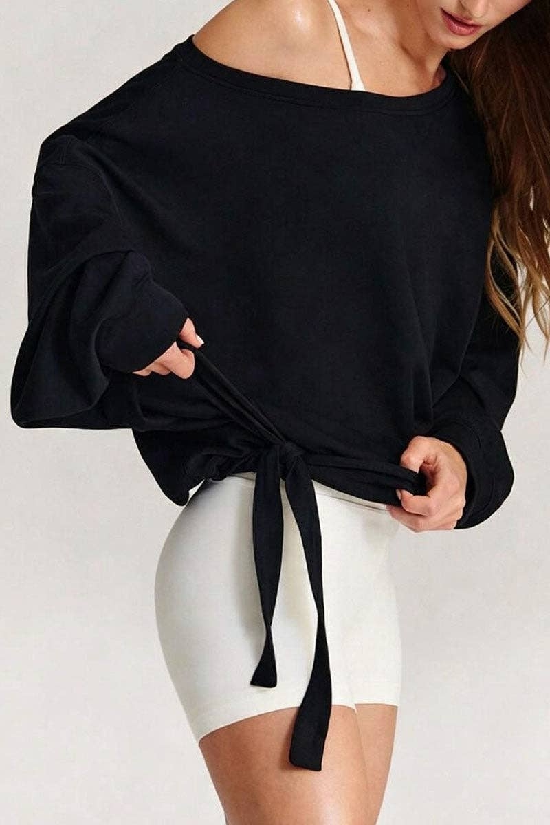 Soli Echo - One-Shoulder Ruched Tie Side Sweatshirt: OLIVE / S