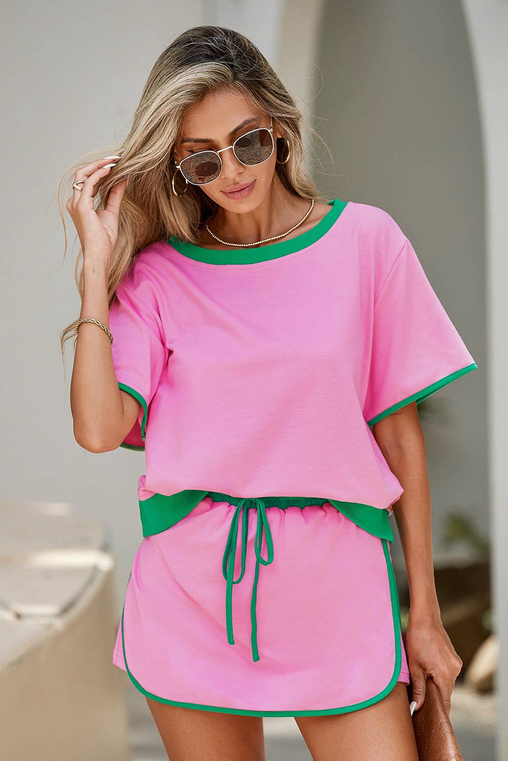 Little Daisy Closet - LDC Colorblock Edge Drop Shoulder T Shirt and Skirt 2Pcs Set: Moonlight Jade / M
