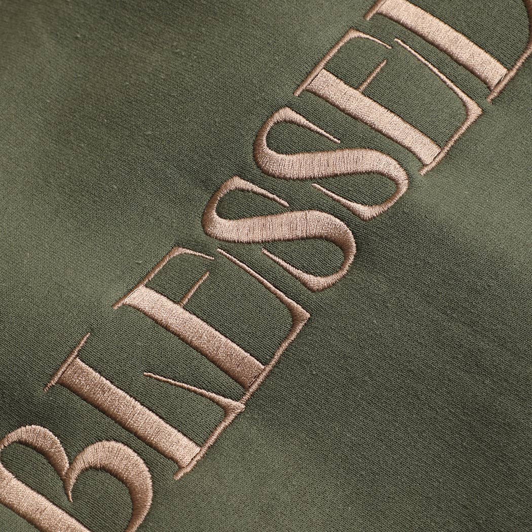 Fashion City - BLESSED Embroidered Fleece Heavyweight Sweatshirt: BLACK / M