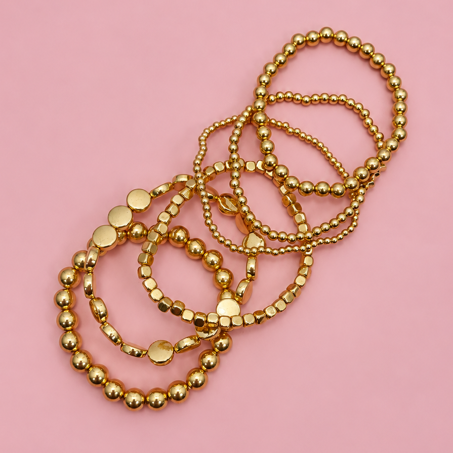 JOSSLYN by wall to wall - MULTI BALL CHAIN BEAD MIX STRETCHABLE BRACELET | 40B5129: GOLD