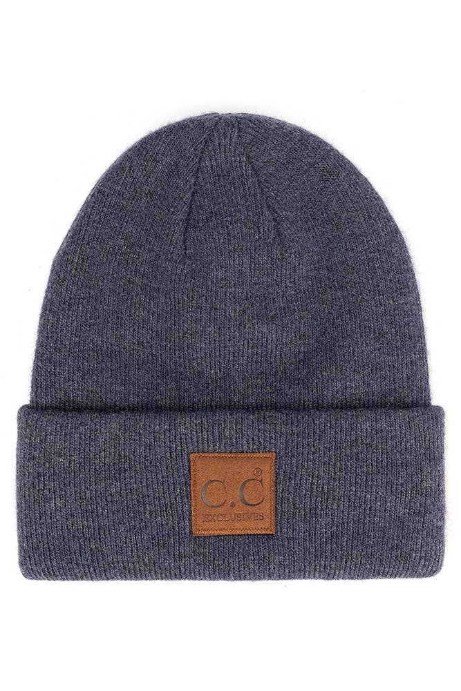 Hana - C.C Heather Knit Suede Patch Beanie Winter Hat: Moss