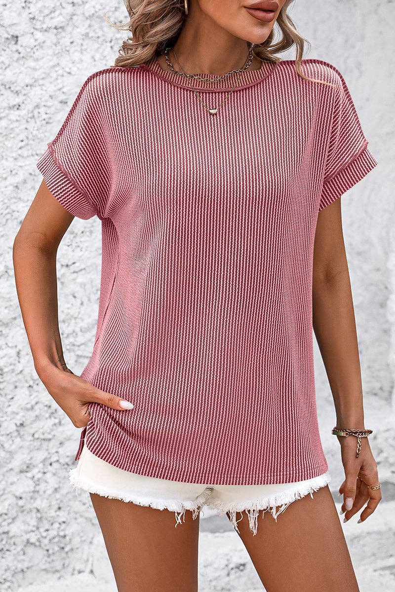 Soli Echo - Casual Short Sleeve Ribbed T-Shirt: KHAKI / XL