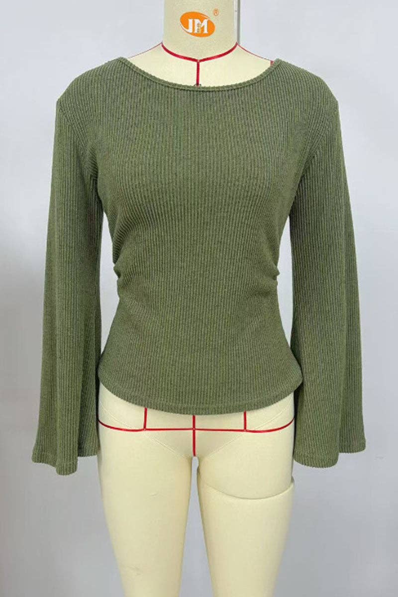 Soli Echo - Ribbed Bell Sleeve Top: OLIVE / M