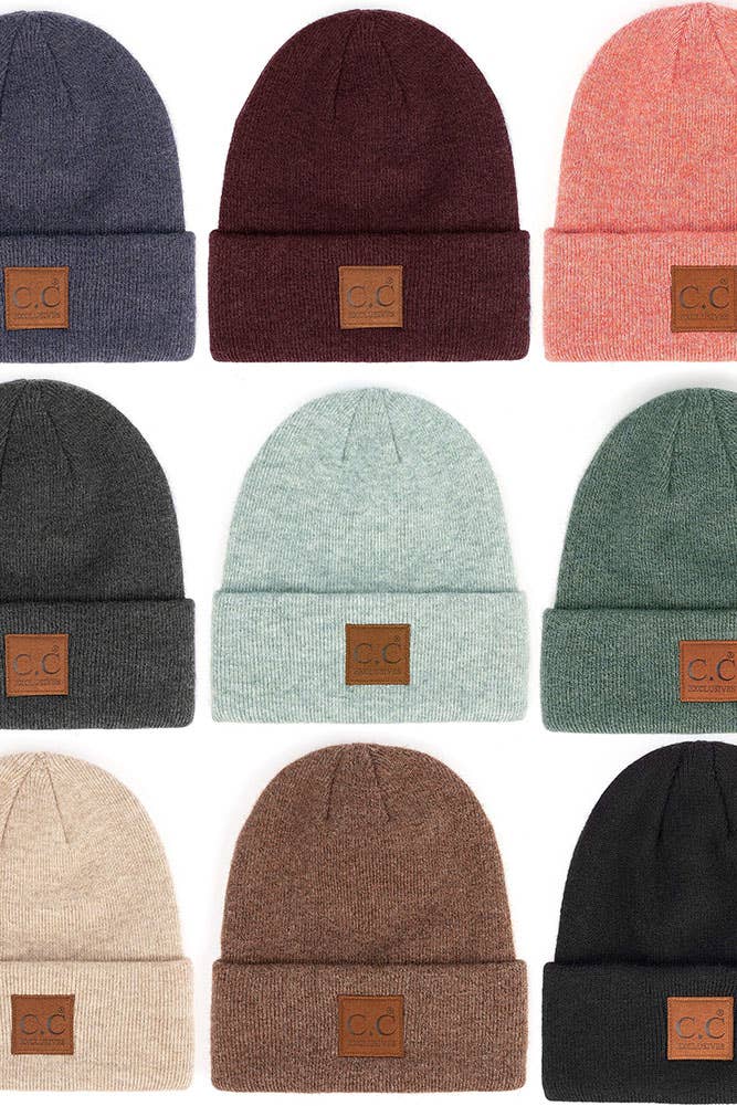 Hana - C.C Heather Knit Suede Patch Beanie Winter Hat: Moss