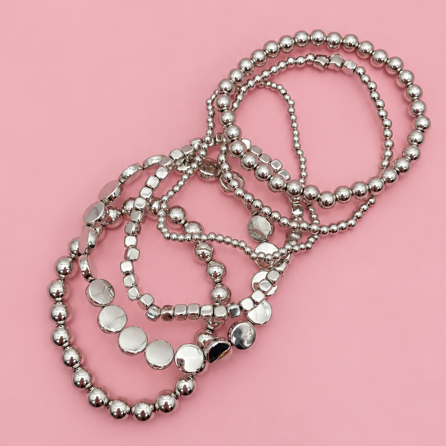 JOSSLYN by wall to wall - MULTI BALL CHAIN BEAD MIX STRETCHABLE BRACELET | 40B5129: GOLD