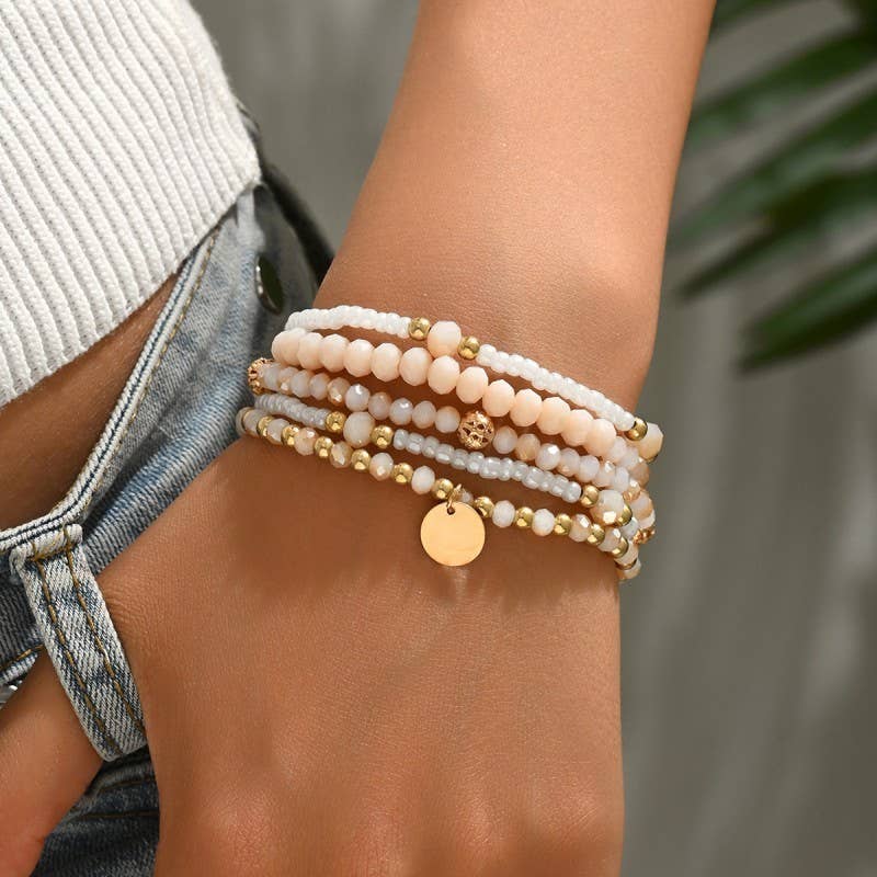 JOSSLYN by wall to wall - MULTILAYER BEADED CHAIN DISC CHARM BRACELET | 40B5160: LT PINK
