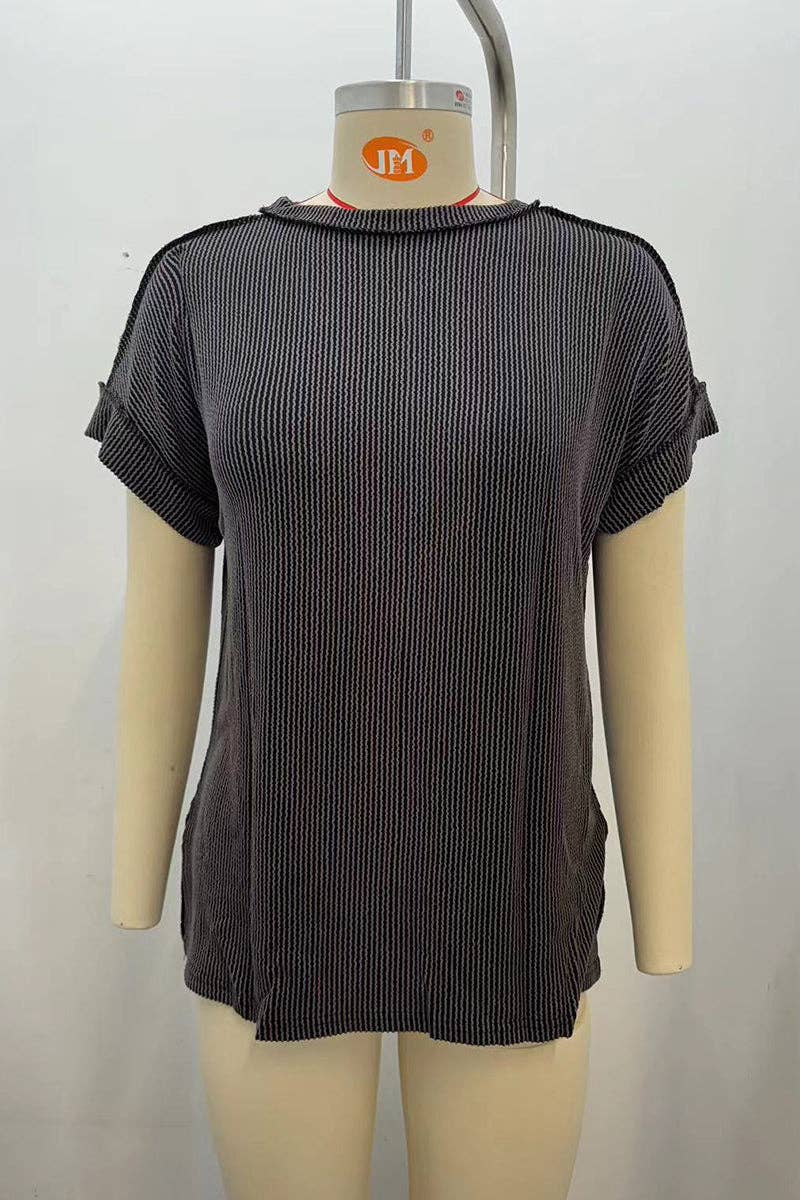Soli Echo - Casual Short Sleeve Ribbed T-Shirt: KHAKI / XL