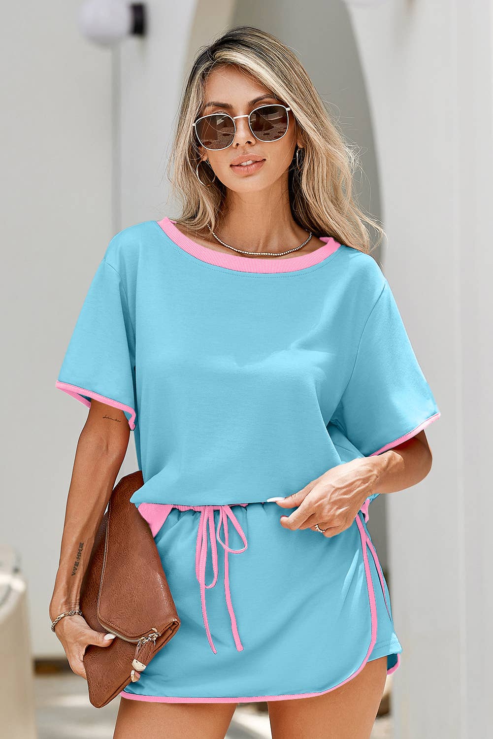 Little Daisy Closet - LDC Colorblock Edge Drop Shoulder T Shirt and Skirt 2Pcs Set: Moonlight Jade / M