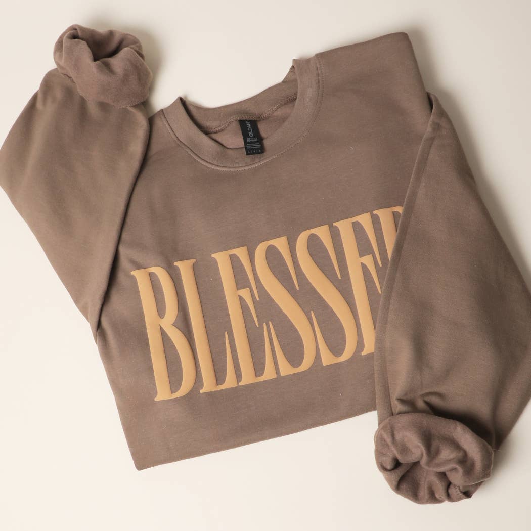 Fashion City - BLESSED PUFF Print MIDWEIGHT Sweatshirt: SAND / L