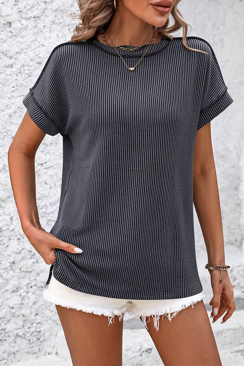Soli Echo - Casual Short Sleeve Ribbed T-Shirt: KHAKI / XL