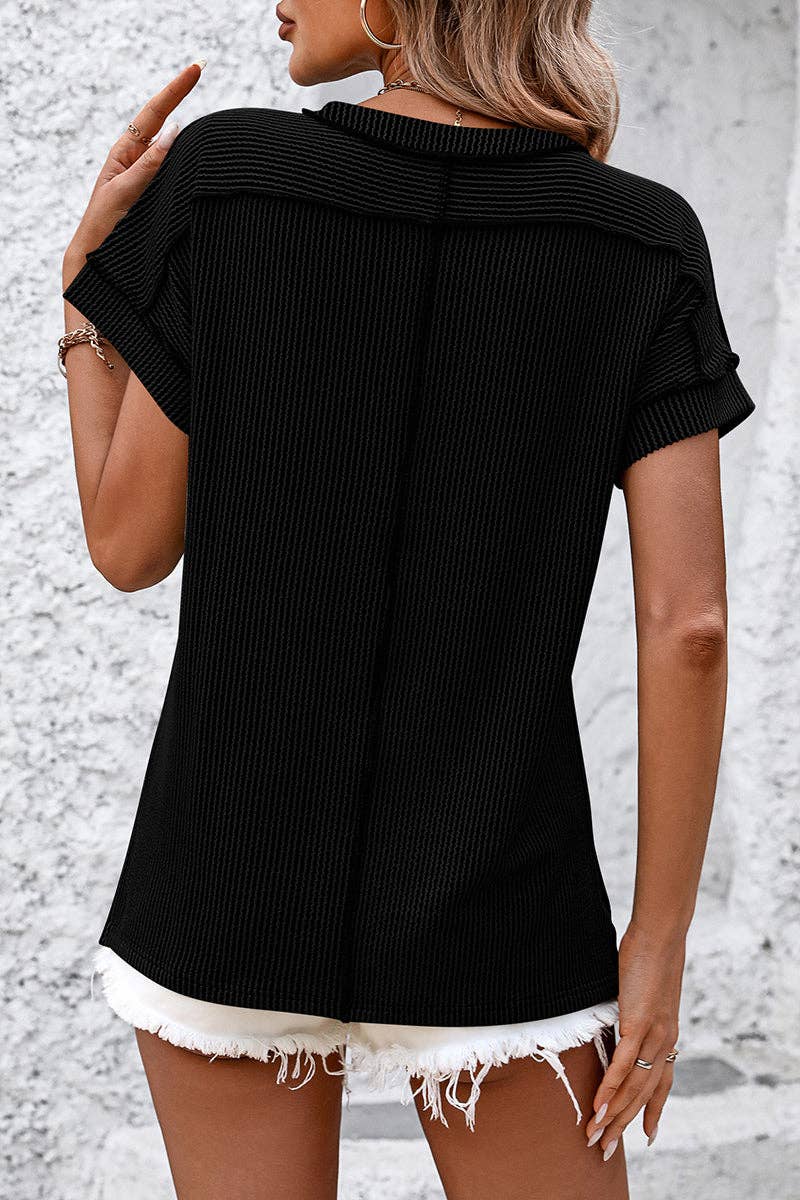 Soli Echo - Casual Short Sleeve Ribbed T-Shirt: KHAKI / XL