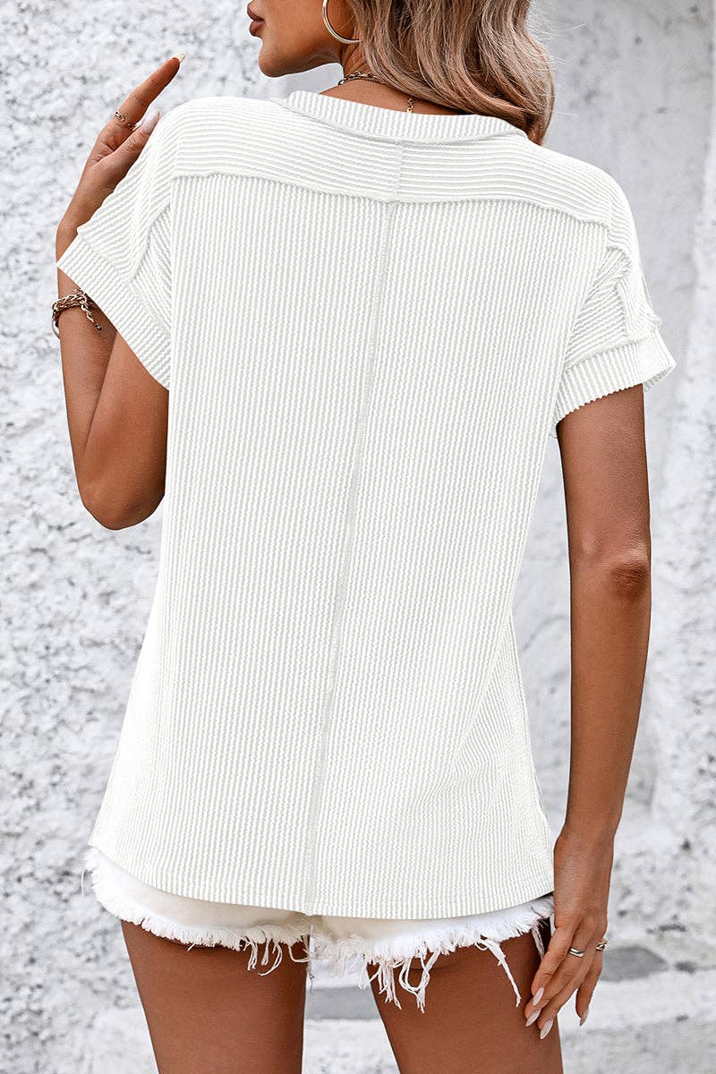 Soli Echo - Casual Short Sleeve Ribbed T-Shirt: KHAKI / XL