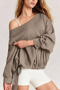 Soli Echo - One-Shoulder Ruched Tie Side Sweatshirt: OLIVE / S