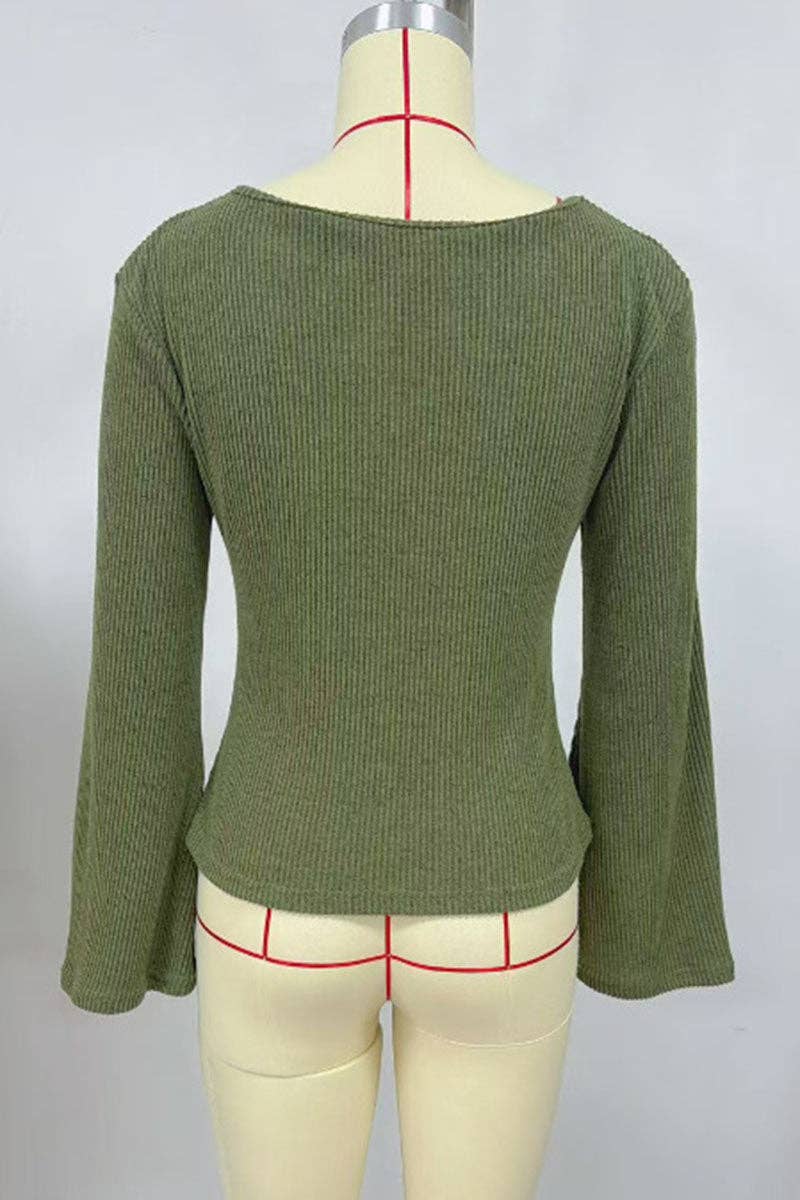 Soli Echo - Ribbed Bell Sleeve Top: OLIVE / M