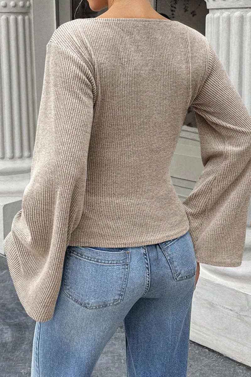 Soli Echo - Ribbed Bell Sleeve Top: OLIVE / M