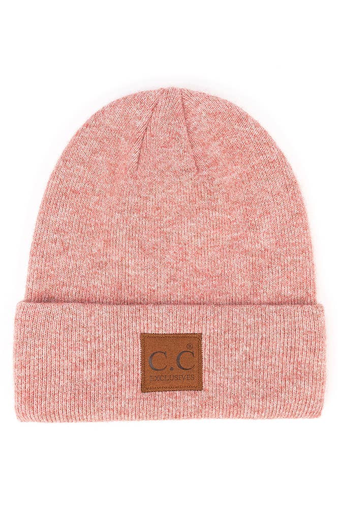 Hana - C.C Heather Knit Suede Patch Beanie Winter Hat: Moss