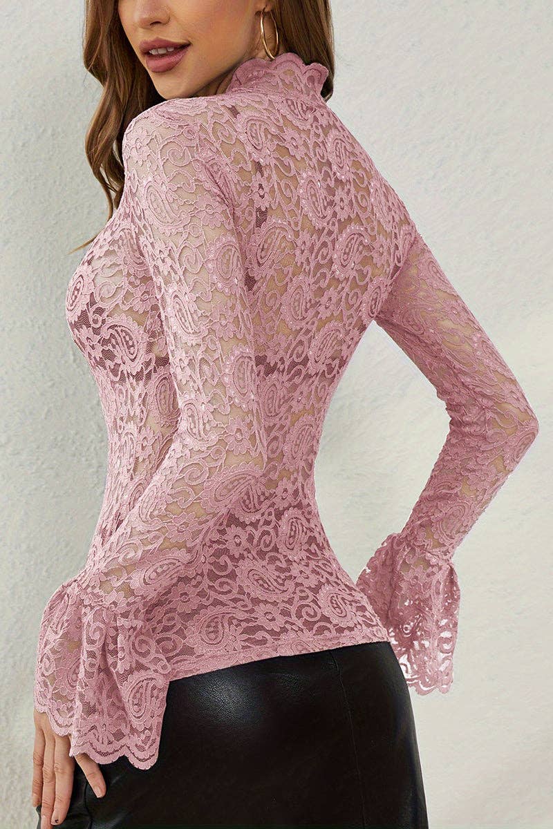 Soli Echo - Elegant Lace Long Sleeve Bodycon Top: WINE / M