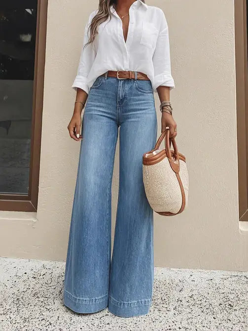 HIGH WASTED WIDE LEG SOFT BLUE DENIM JEANS